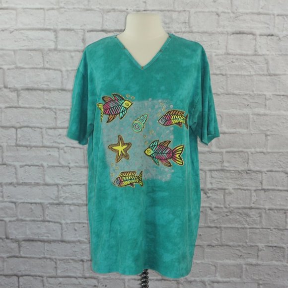 Vintage Tops - Vintage 80s Acid Wash Fish Oversized Shirt